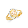 14K Tricolor Gold Sunburst Medallion 15 Años Ring on White Background