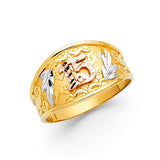14K Tricolor Gold Bold Numeral 15 Años Ring on White Background