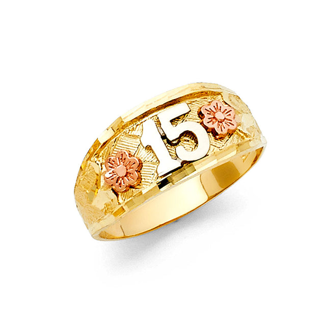 14K Tricolor Gold Floral Dome 15 Años Ring on White Background