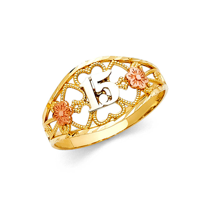 14K Tricolor Gold Floral Openwork 15 Años Ring on White Background