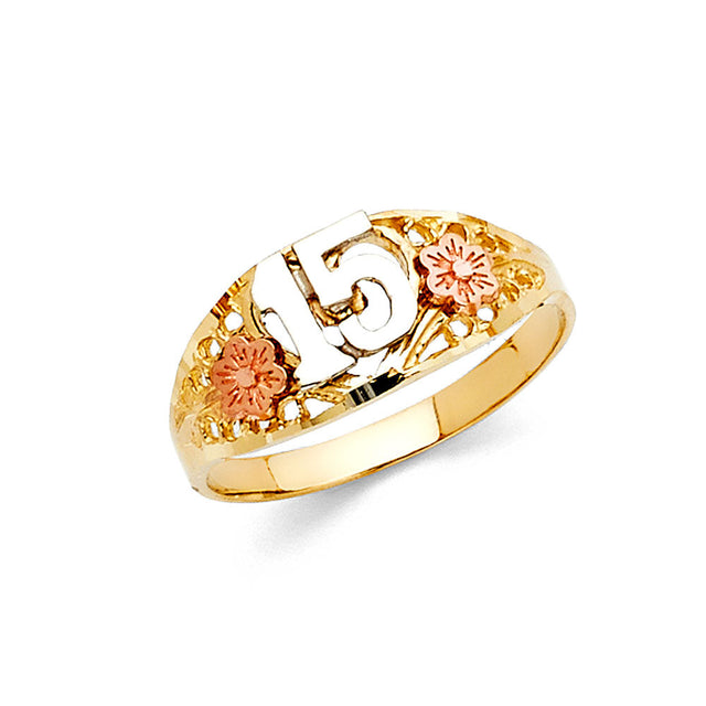 14K Tricolor Gold Diagonal Floral 15 Años Ring on White Background