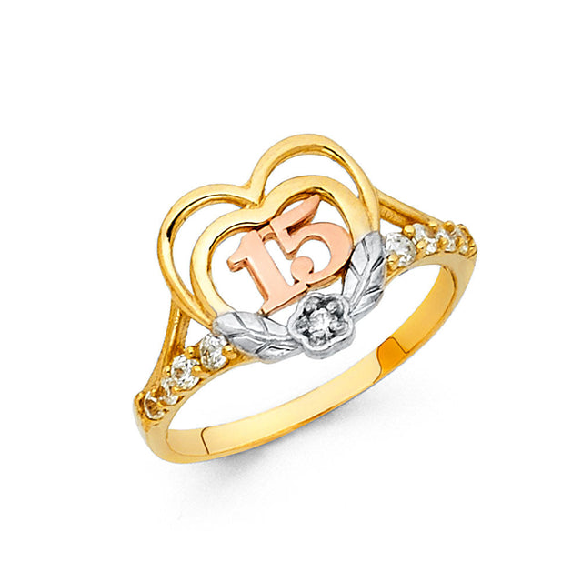 14K Tricolor Gold Double Heart Floral 15 Años Ring on White Background
