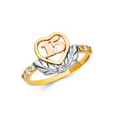 14K Tricolor Gold Open Heart Leaf 15 Años Ring on White Background