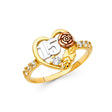 14K Tricolor Gold Open Heart Rose 15 Años Ring on White Background