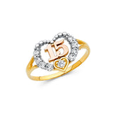 14K Tricolor Gold Beaded Halo Heart Accent 15 Años Ring on White Background