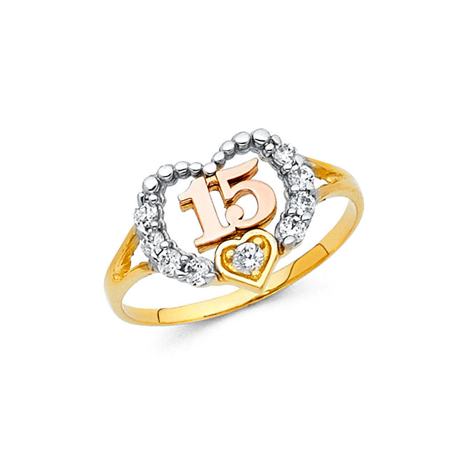 14K Tricolor Gold Beaded Halo Heart Accent 15 Años Ring on White Background
