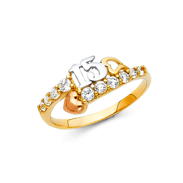 14K Tricolor Gold Heart Accent 15 Años Ring on White Background