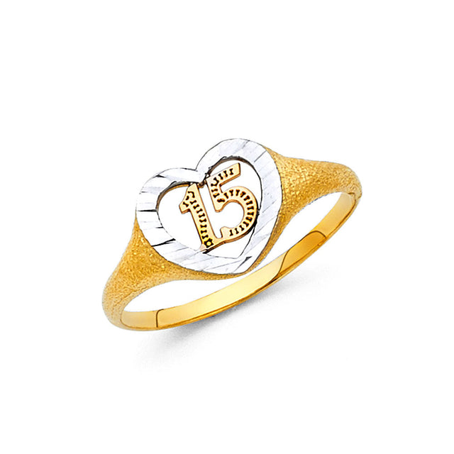 14K Tricolor Gold Diamond-Cut Heart 15 Años Ring on White Background
