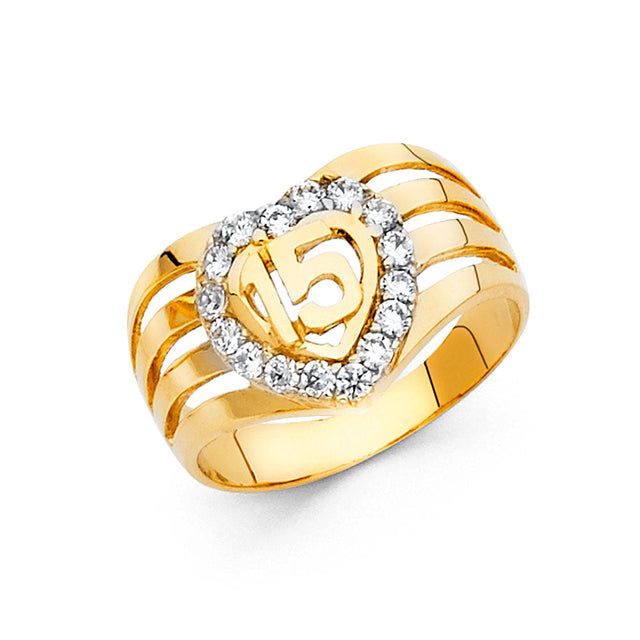 14K Yellow Gold Wide Heart Halo 15 Años Ring on White Background