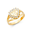 14K Yellow Gold Split-Shank Heart Halo 15 Años Ring on White Background