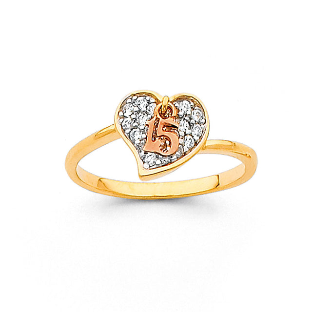 14K Two-Tone Gold Pavé Heart 15 Años Ring on White Background
