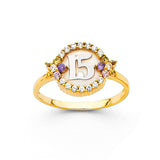 14K Two-Tone Gold Multi-Color Medallion 15 Años Ring on White Background