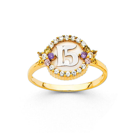14K Two-Tone Gold Multi-Color Medallion 15 Años Ring on White Background