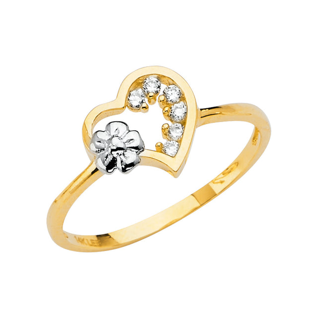 14K Two-Tone Gold Floral Heart Ring on White Background