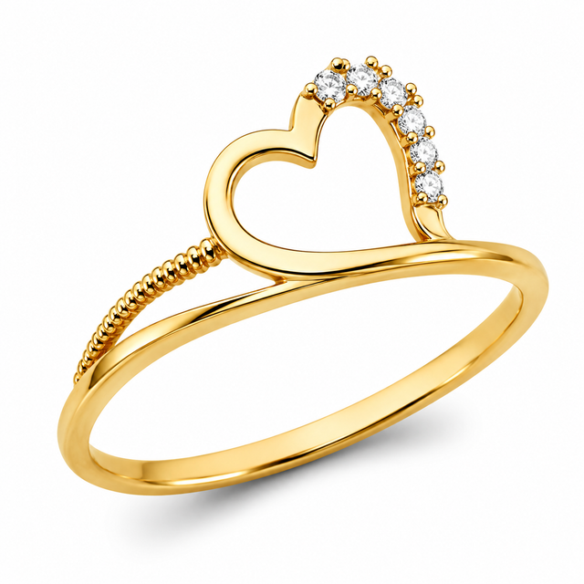 14K Yellow Gold Open Heart Ring on White Background