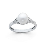 14K White Gold Pearl Side-Stone Ring on White Background