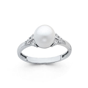 14K White Gold Pearl Side-Stone Ring on White Background