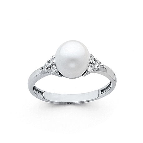 14K White Gold Pearl Side-Stone Ring on White Background