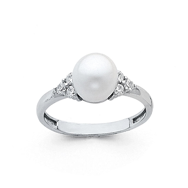 14K White Gold Pearl Side-Stone Ring on White Background