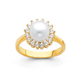 14K Yellow Gold Pearl Halo Ring on White Background