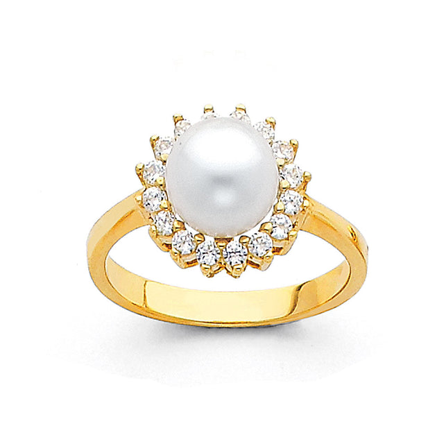 14K Yellow Gold Pearl Halo Ring on White Background