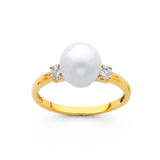 14K Yellow Gold Pearl Three-Stone Ring on White Background