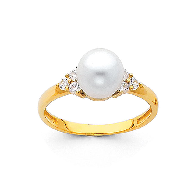 14K Yellow Gold Pearl Cluster Side-Stone Ring on White Background