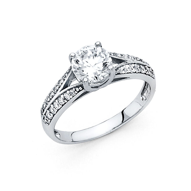 14K White Gold Round Solitaire Split-Shank Engagement Ring on White Background