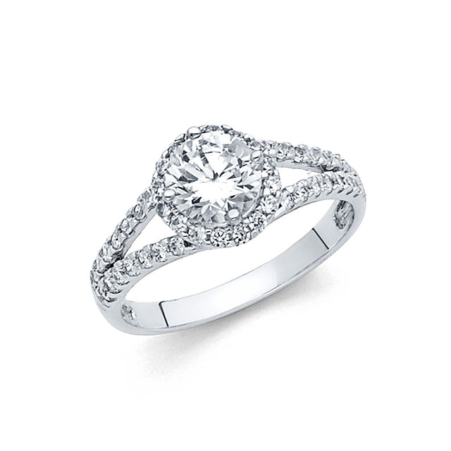 14K White Gold Round Halo Split-Shank Engagement Ring on White Background