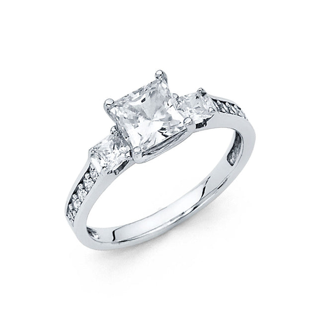 14K White Gold Three-Stone Princess-Cut Engagement Ring on White Background
