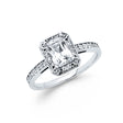 14K White Gold Emerald-Cut Halo Engagement Ring on White Background