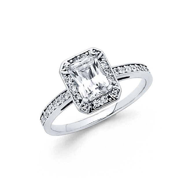 14K White Gold Emerald-Cut Halo Engagement Ring on White Background