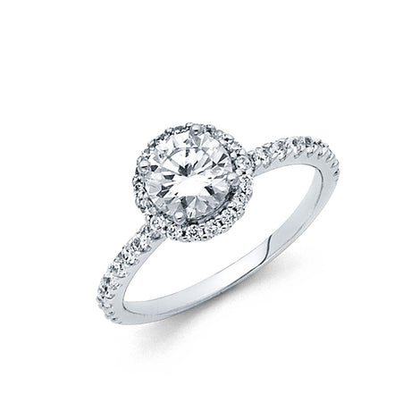 14K White Gold Round Halo Engagement Ring on White Background