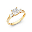 14K Yellow Gold Princess Three-Stone Engagement Ring on White Background