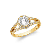 14K Yellow Gold Round Split Shank Halo Engagement Ring on White Background