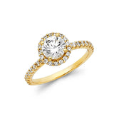 14K Yellow Gold Round Pavé Halo Engagement Ring on White Background
