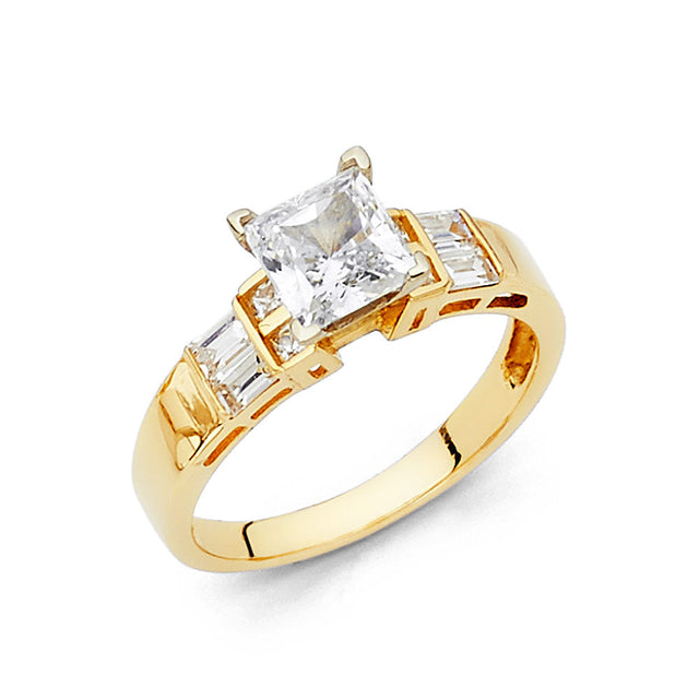 14K Yellow Gold Princess Baguette Three-Stone Engagement Ring on White Background
