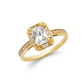 14K Yellow Gold Emerald-Cut Halo Engagement Ring on White Background