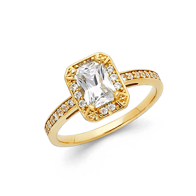 14K Yellow Gold Emerald-Cut Halo Engagement Ring on White Background