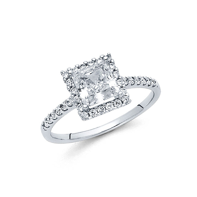 14K White Gold Princess-Cut Halo Engagement Ring on White Background