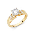 14K Yellow Gold Round Baguette Three-Stone Engagement Ring on White Background