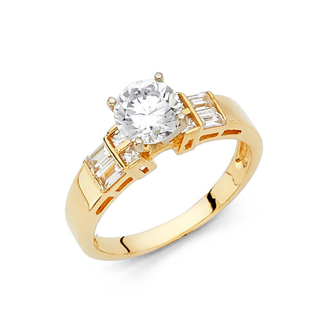 14K Yellow Gold Round Baguette Three-Stone Engagement Ring on White Background