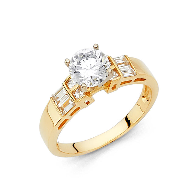 14K Yellow Gold Round Baguette Three-Stone Engagement Ring on White Background