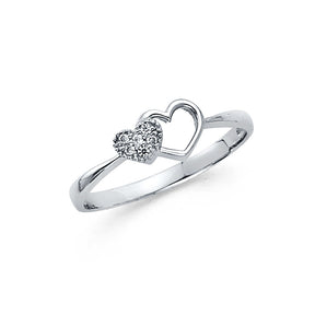 14K White Gold Open and Pavé Heart Ring on White Background