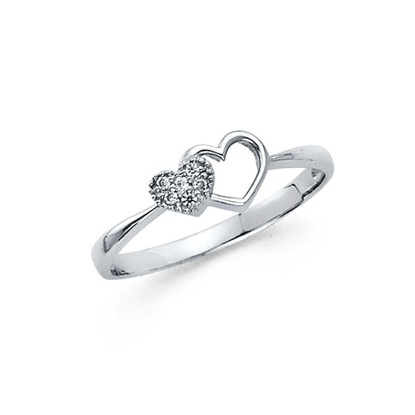 14K White Gold Open and Pavé Heart Ring on White Background