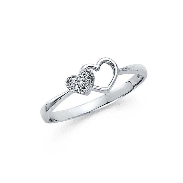 14K White Gold Open and Pavé Heart Ring on White Background