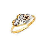 14K Tricolor Gold Double-Heart Pavé 15 Años Ring on White Background