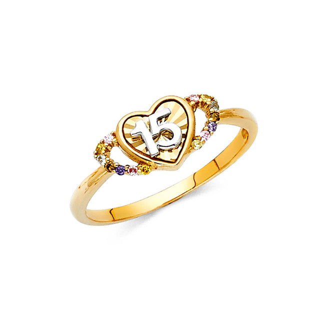 14K Two-Tone Gold Multicolor Heart 15 Años Ring on White Background