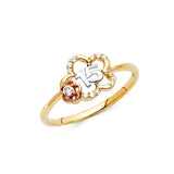 14K Tricolor Gold Floral 15 Años Ring on White Background