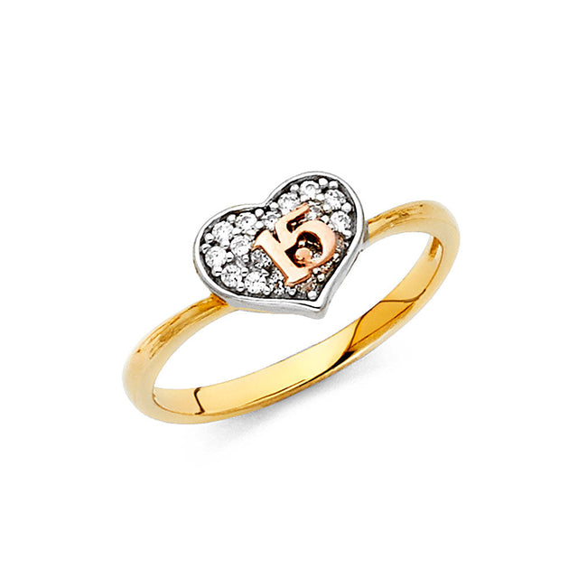 14K Tricolor Gold Cluster Heart 15 Años Ring on White Background